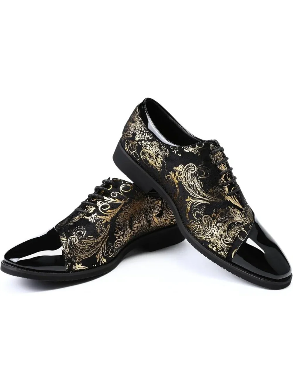 Men's Black Gold Elegant Rubber Sole Lace Up Patent Velvet Tuxedo Oxford Shoes